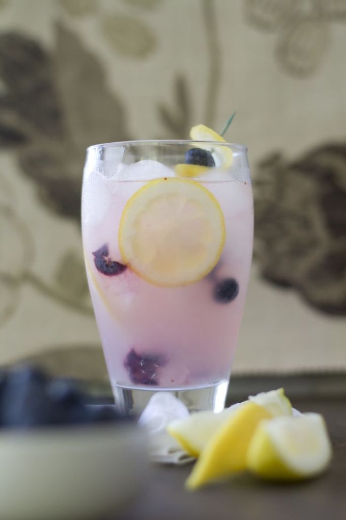 A refreshing lemon blueberry beverage with garnish.